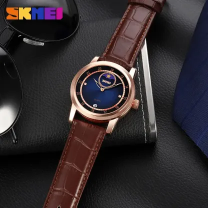 Sunburst dial moon phase star quartz watch Men's fashion waterproof calendar belt watch