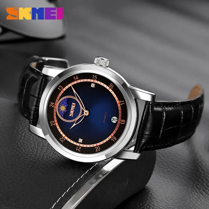 Sunburst dial moon phase star quartz watch Men's fashion waterproof calendar belt watch