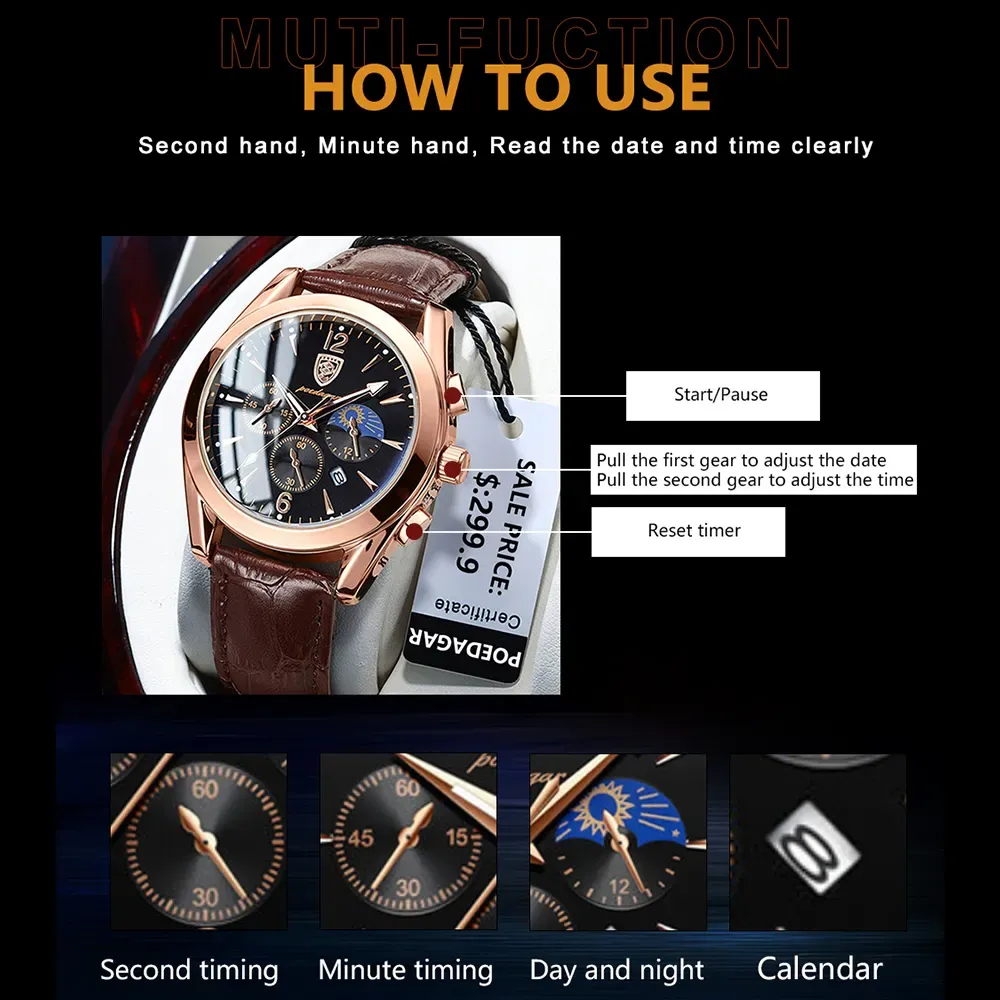 New style fashion leather top brand luxury waterproof sports quartz men's watch