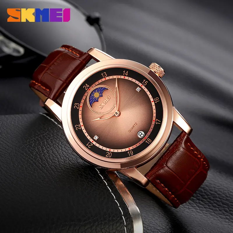 Sunburst dial moon phase star quartz watch Men's fashion waterproof calendar belt watch