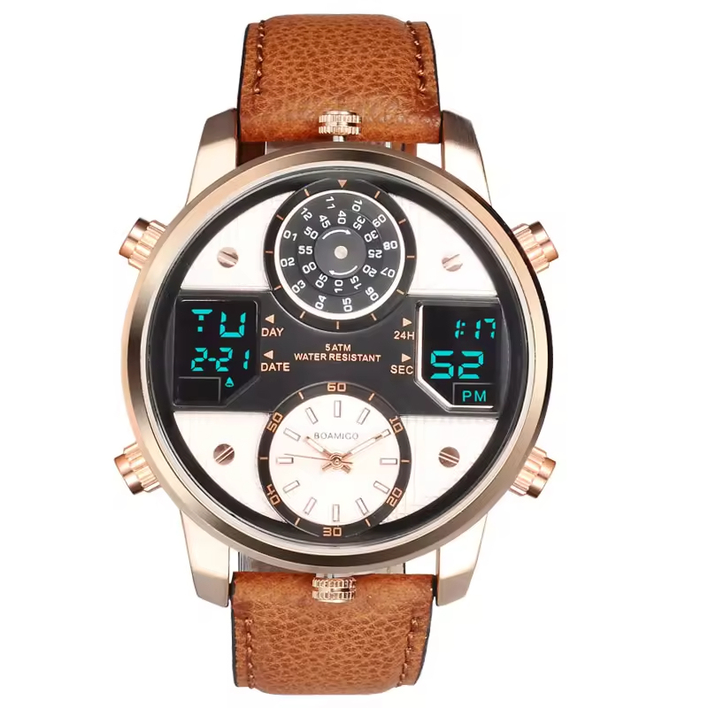 Sports Men's Electronic Watch Genuine Leather Strap High-end Business Waterproof Luminous Three-movement Watch