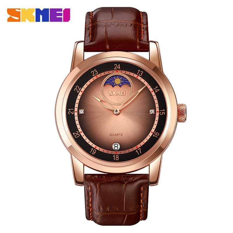 Sunburst dial moon phase star quartz watch Men's fashion waterproof calendar belt watch