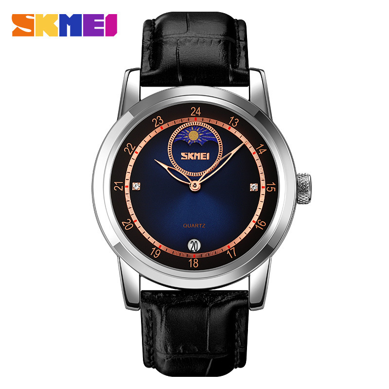 Sunburst dial moon phase star quartz watch Men's fashion waterproof calendar belt watch