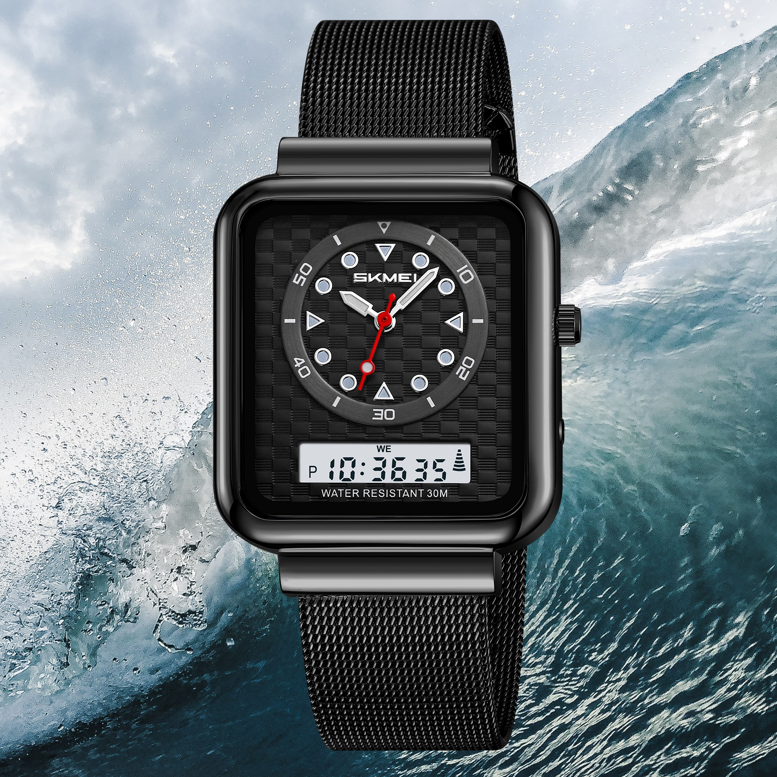 Moment beauty steel band watch men's electronic watch multifunctional business double-display electronic watch  