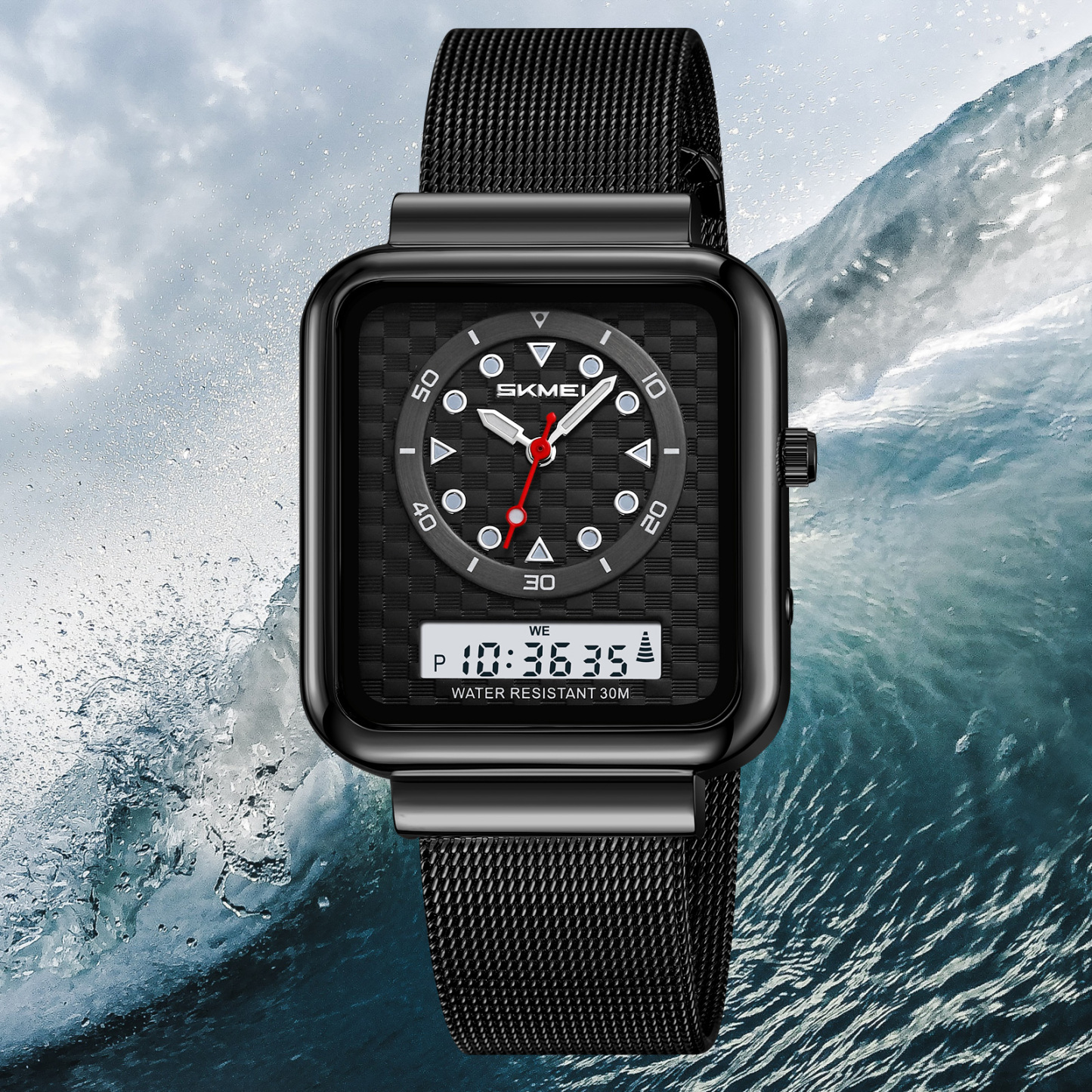 Moment beauty steel band watch men's electronic watch multifunctional business double-display electronic watch  