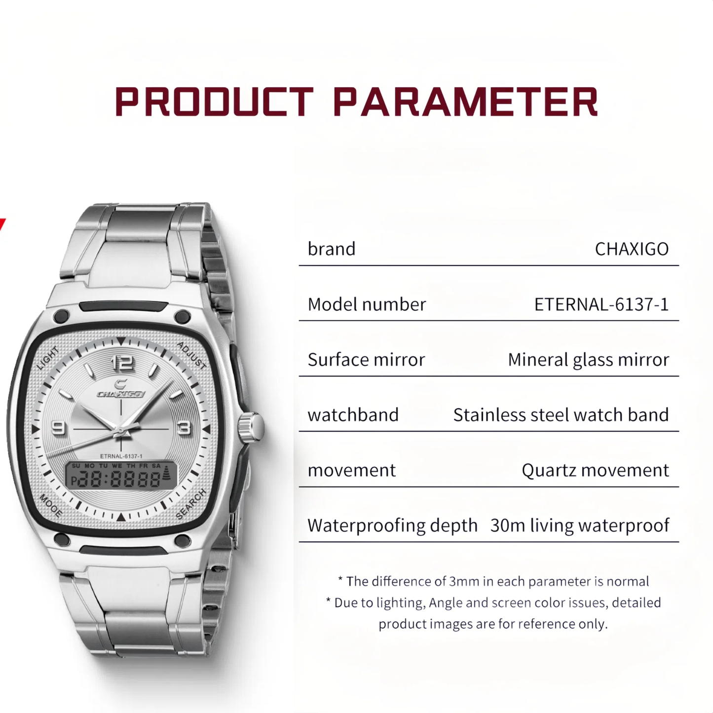 CHAXIGO Fashion Men's Watch Luminous Waterproof Alloy Men's Square Electronic Watch