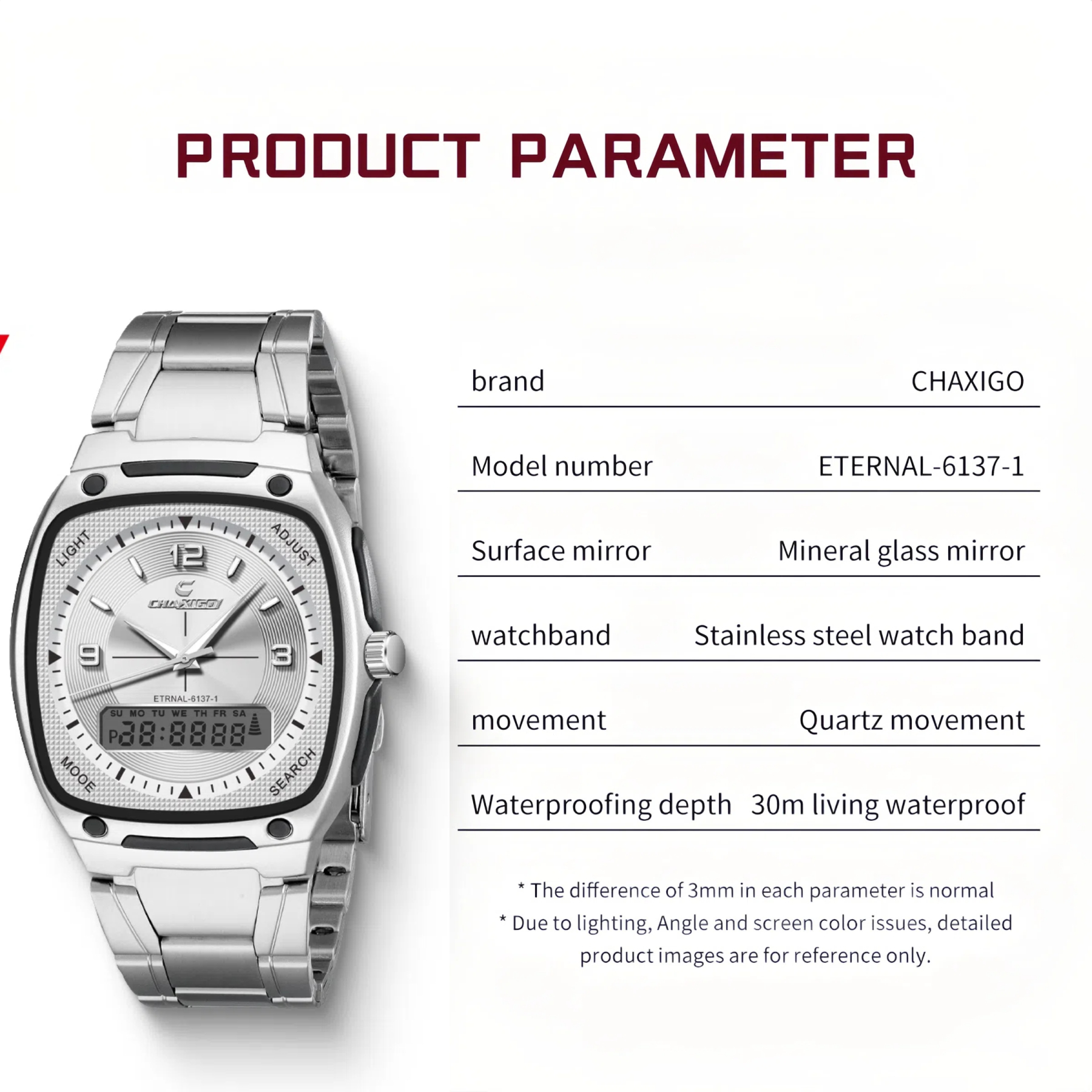 CHAXIGO Fashion Men's Watch Luminous Waterproof Alloy Men's Square Electronic Watch