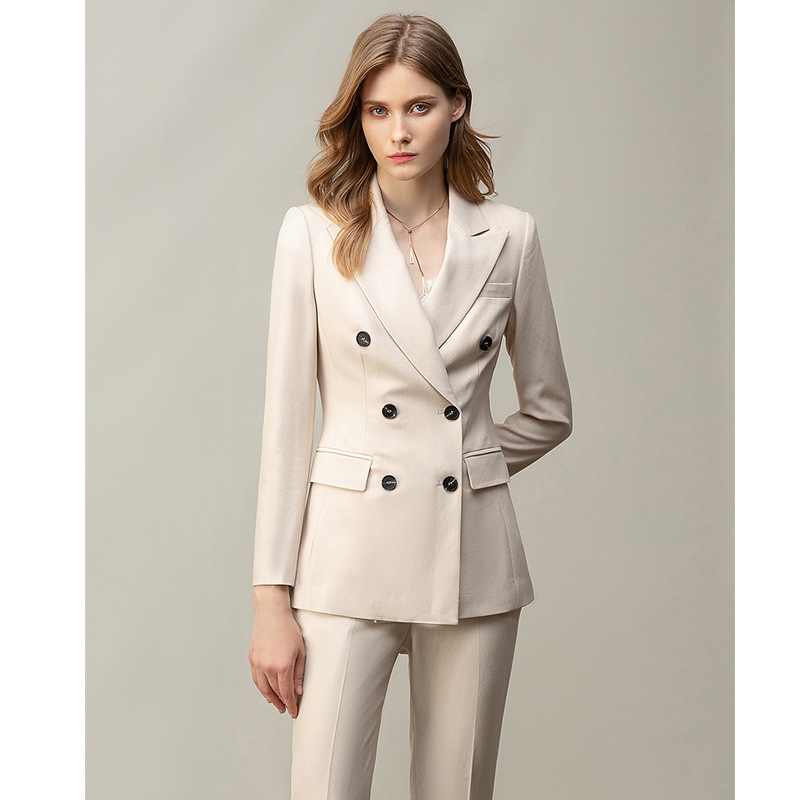 Beige White Professional Women's Autumn Winter Slim Fit Suit Set