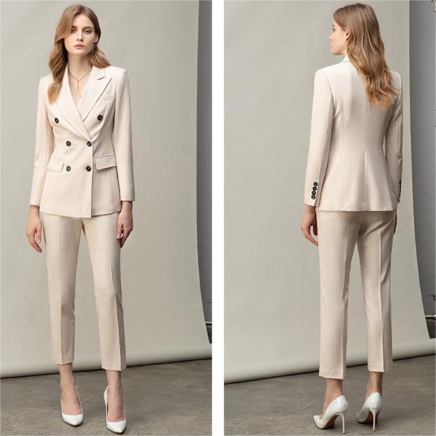 Beige White Professional Women's Autumn Winter Slim Fit Suit Set