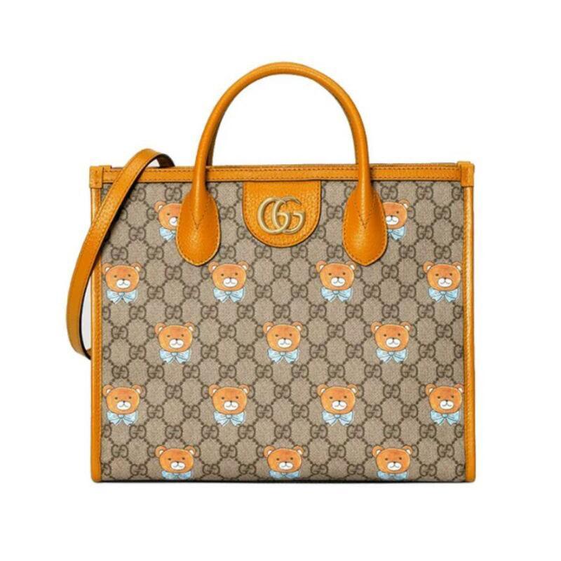 【GUCCI×KAIジョイントモデル】グッチテディベアプリントキャンバス寄木細工トートワンショルダーショッピングバッグベージュ/エボニー