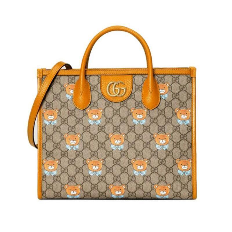 【GUCCI×KAIジョイントモデル】グッチテディベアプリントキャンバス寄木細工トートワンショルダーショッピングバッグベージュ/エボニー