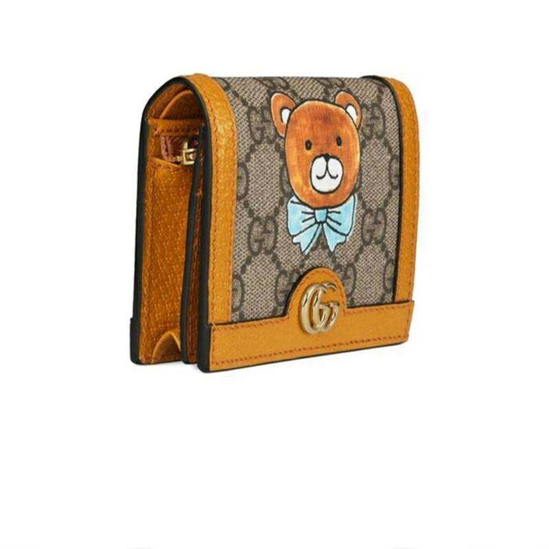 【GUCCI×KAIジョイントモデル】グッチ テディベアプリント 帆布とレザー ショートハーフフォールドウォレット ベージュ/エボニー