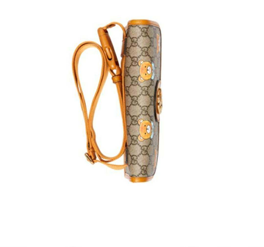 【GUCCI×KAIジョイントモデル】グッチ テディベアプリント キャンバス＆レザー クロスボディウエストバッグチェストバッグ スモール ベージュ/エボニー