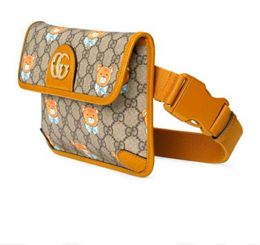 【GUCCI×KAIジョイントモデル】グッチ テディベアプリント キャンバス＆レザー クロスボディウエストバッグチェストバッグ スモール ベージュ/エボニー