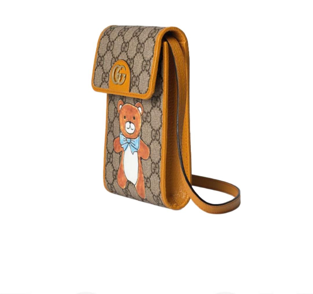 【GUCCI×KAIジョイントモデル】グッチ テディベアプリント キャンバスとレザー ワンショルダー斜め携帯バッグ/ミニ ベージュ エボニー
