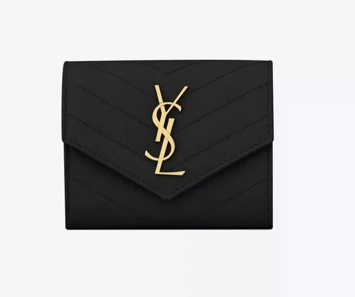 MONOGRAMブラックキルトレザー短い三つ折り財布をテクスチャ