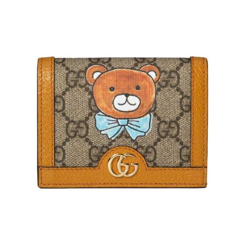 【GUCCI×KAIジョイントモデル】グッチ テディベアプリント 帆布とレザー ショートハーフフォールドウォレット ベージュ/エボニー