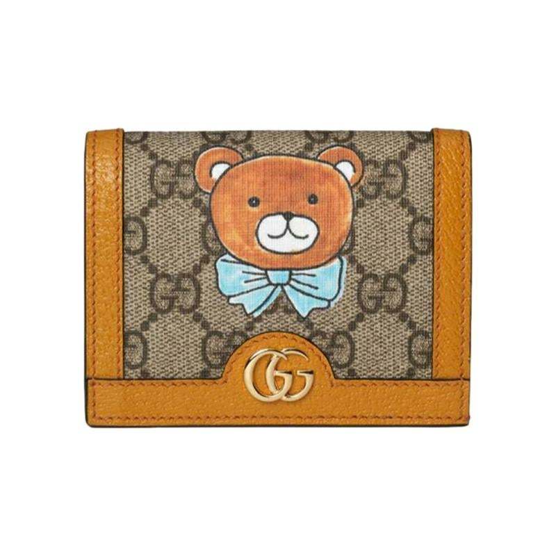 【GUCCI×KAIジョイントモデル】グッチ テディベアプリント 帆布とレザー ショートハーフフォールドウォレット ベージュ/エボニー