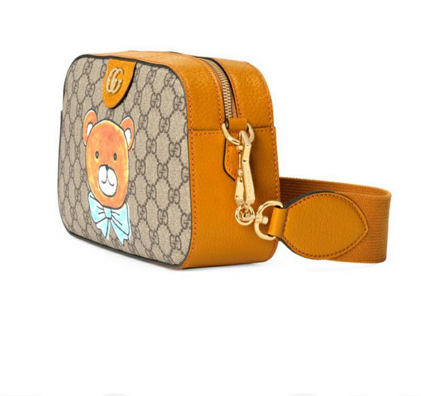 【GUCCI×KAIジョイントモデル】グッチ テディベアプリント キャンバス＆レザー ワンショルダー斜めカメラバッグ ベージュ エボニー
