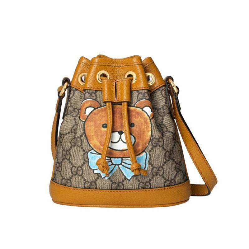 【GUCCI×KAIジョイントモデル】グッチテディベアプリントキャンバス＆レザー巾着バケットバッグミニベージュ/エボニー