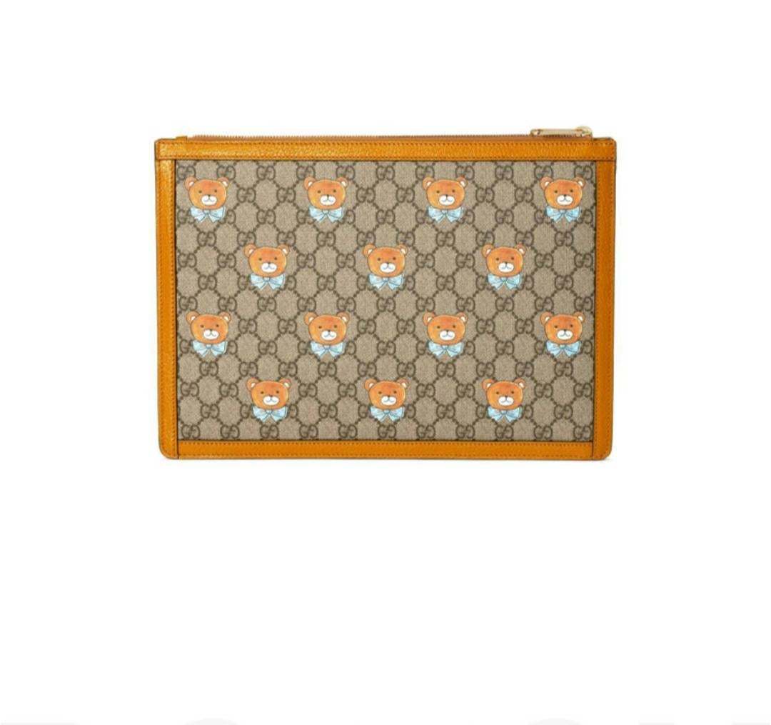 【GUCCI×KAIジョイントモデル】グッチ テディベアプリント キャンバス＆レザー多機能クラッチ ベージュ エボニー