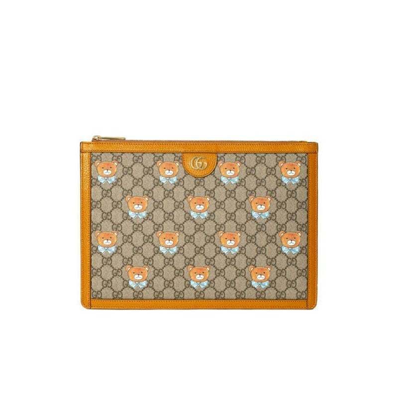 【GUCCI×KAIジョイントモデル】グッチ テディベアプリント キャンバス＆レザー多機能クラッチ ベージュ エボニー