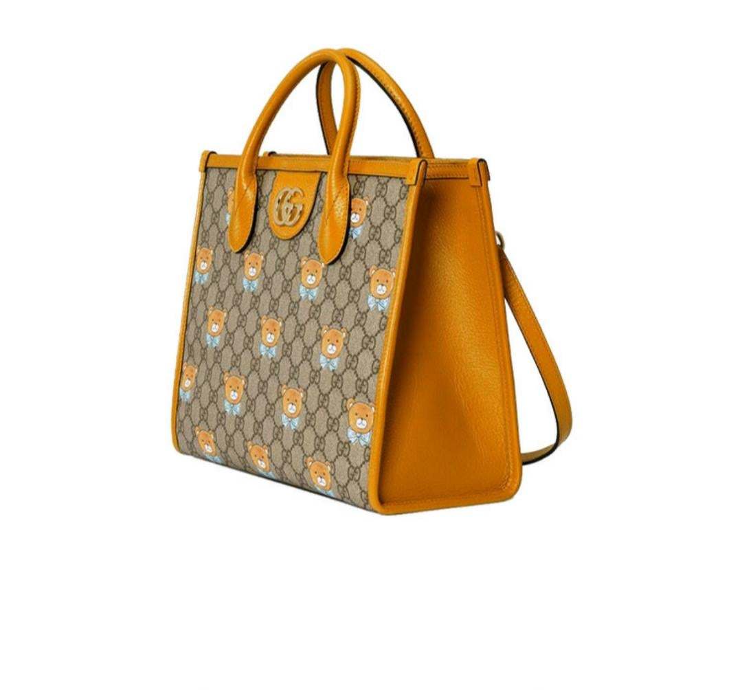 【GUCCI×KAIジョイントモデル】グッチテディベアプリントキャンバス寄木細工トートワンショルダーショッピングバッグベージュ/エボニー
