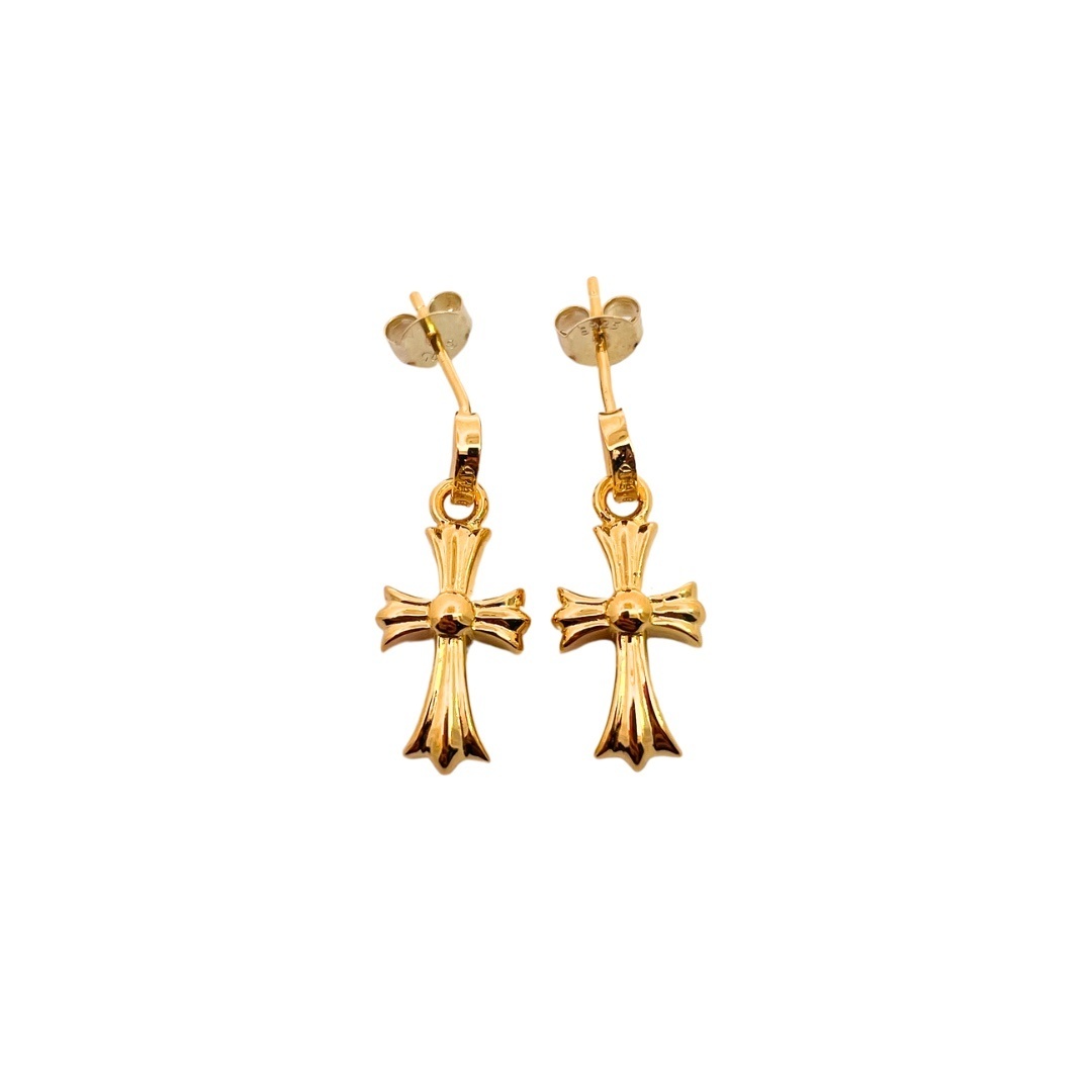 Chrome Hearts（クロム・ハーツ）の金メッキの十字架に青色ダイヤモンドを飾ったイヤリング