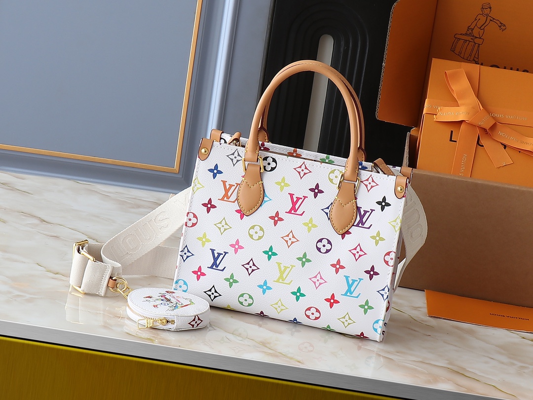 アップグレード オリジナル版 M45659 M46373 M44571 村上隆とのコラボレーション トリカラー このOnTheGo スモール ハンドバッグは、モノグラムとモノグラム リバース キャンバスを組み合わせ、モノグラム ジャイアント柄が施されています。