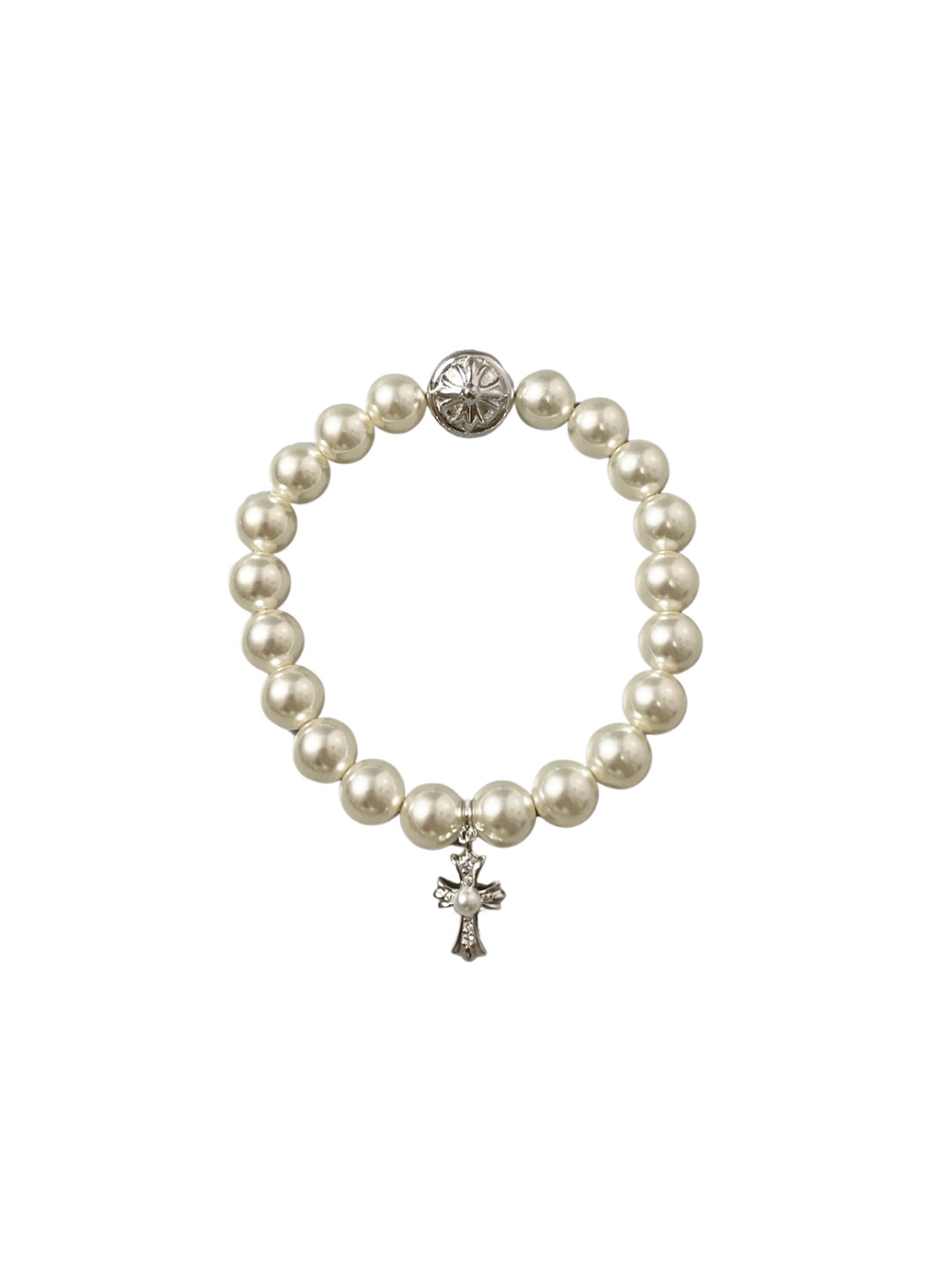 Chrome Hearts（クロム・ハーツ） 8mm のパールとダイヤモンドを付けた十字架のハンドブレスレット