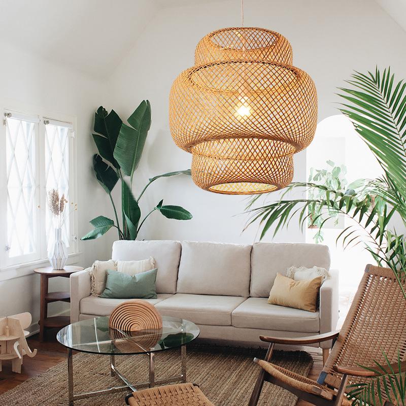 3-Tiered Rustic Bamboo Woven Cylinder Pendant Light