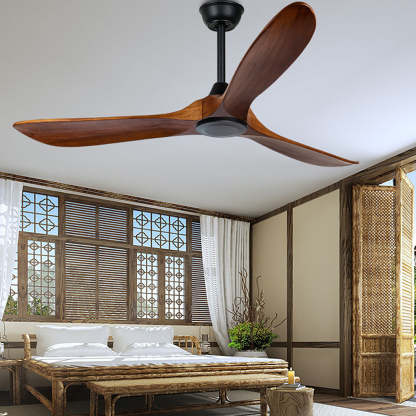 Retro Solid Wood Frequency Conversion Silent Dimming Ceiling Fan with Lights-Lighom