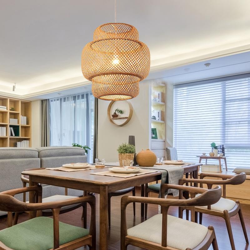 3-Tiered Rustic Bamboo Woven Cylinder Pendant Light