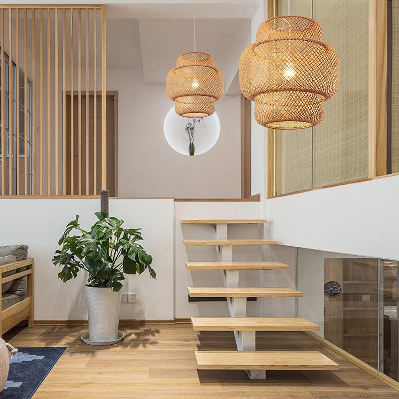 3-Tiered Rustic Bamboo Woven Cylinder Pendant Light
