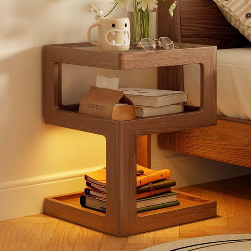 Minimalist Rubberwood Glass Nightstand