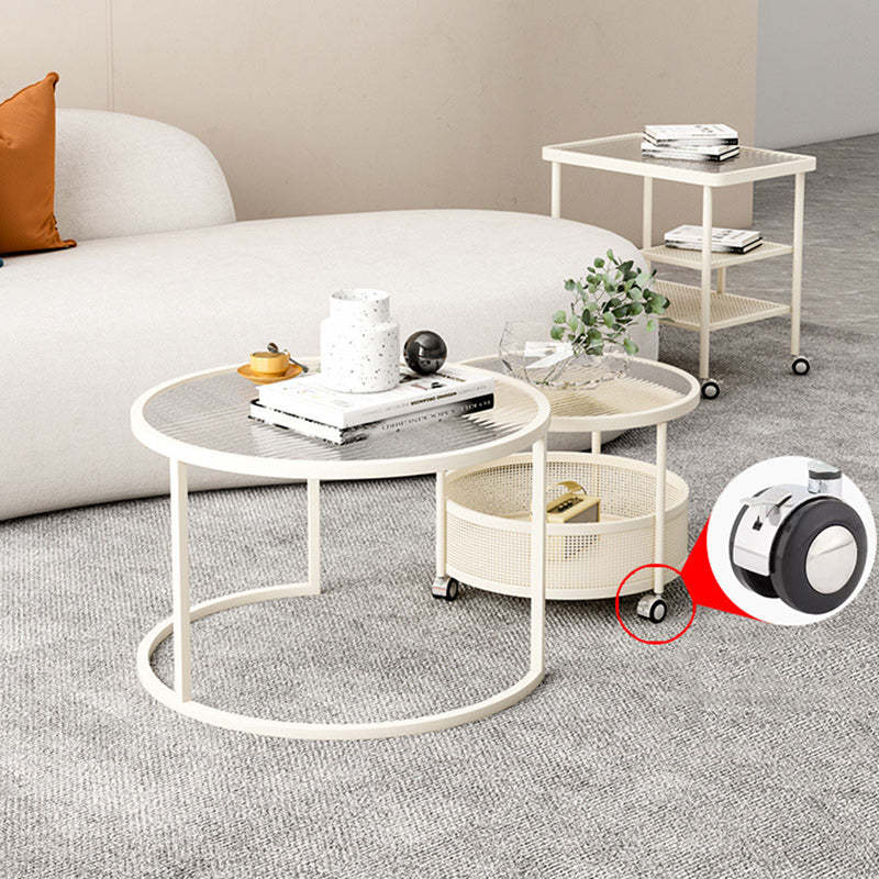Nordic Glass Metal Round Movable Coffee Table 2-Tier — White & Transparent Table Top - Movable