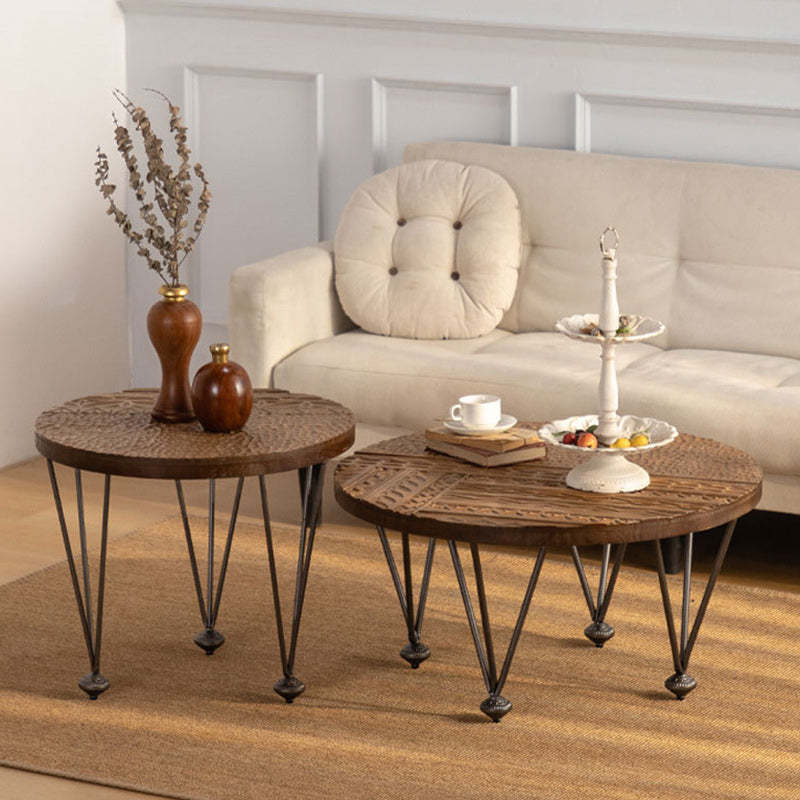 Rustic Round Solid Wood Iron Coffee Table