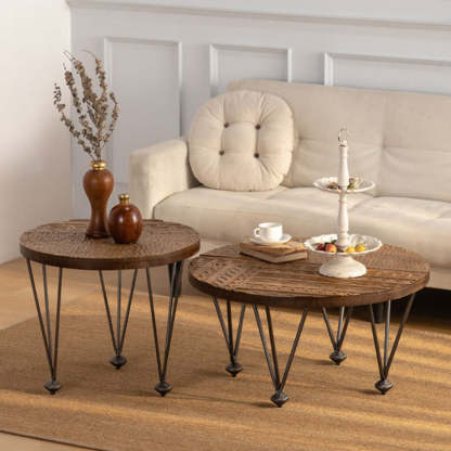 Rustic Round Solid Wood Iron Coffee Table