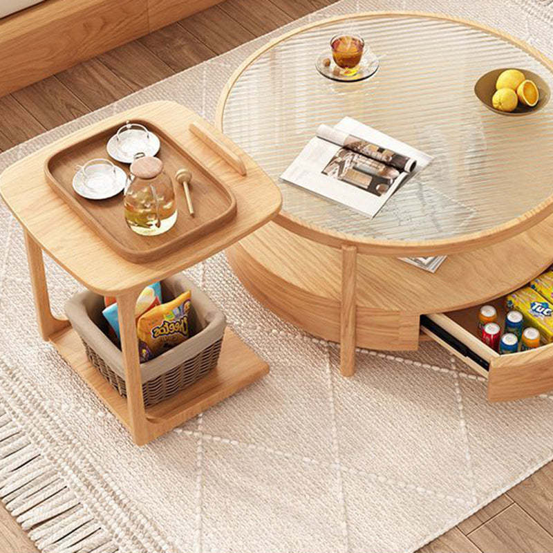Japanese Glass Wood 2-Tier End Table — Square / Walnut Color