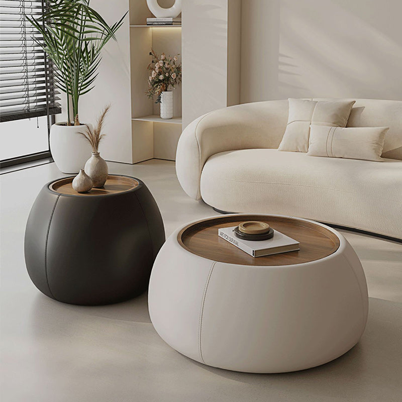 Nordic Cylinder Walnut Leather Coffee Table — Small - Orange / Black