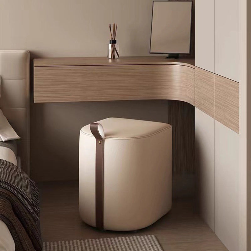 Minimalist Microfiber Leather Wood Cylinder Vanity Stool — Light Khaki Color