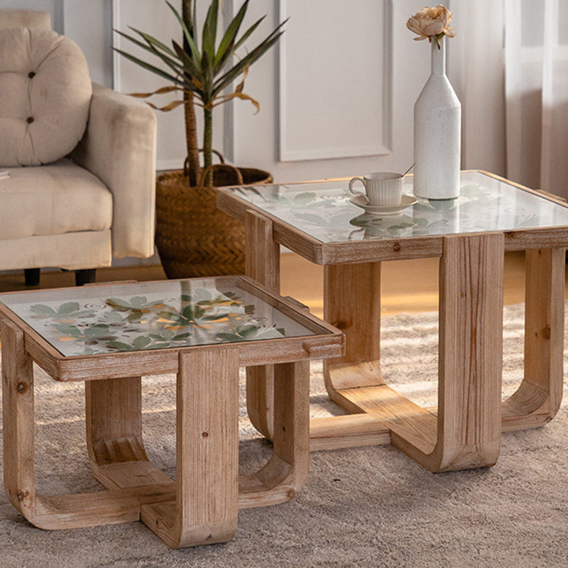 Scandinavian Square Glass Wood Coffee Table