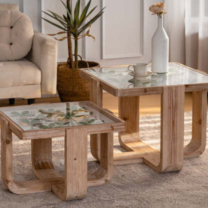 Scandinavian Square Glass Wood Coffee Table