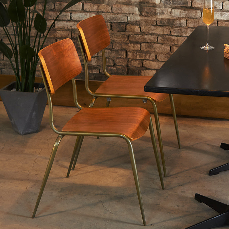 Minimalist Curved Wood Iron Plastic Dining Chair — Plastic / Walnut Color