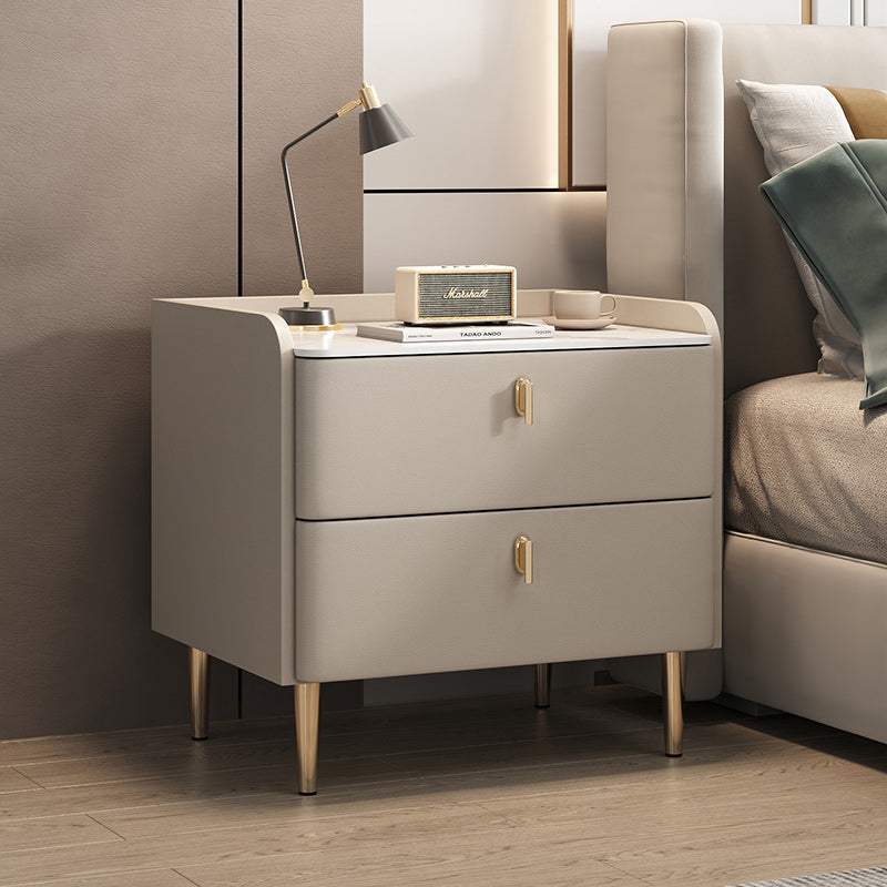 Minimalist Leather Wood Rock Plate Nightstand 2-Drawer — White