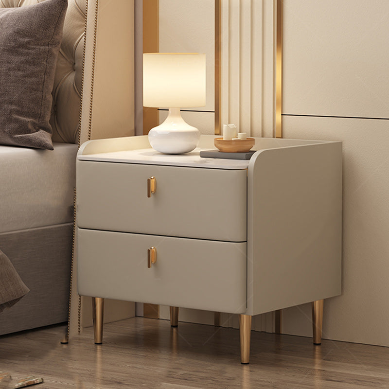 Minimalist Leather Wood Rock Plate Nightstand 2-Drawer