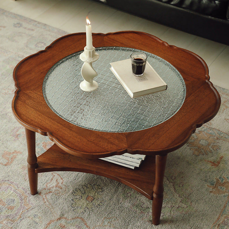 Retro Flower Wood Glass Coffee Table — B