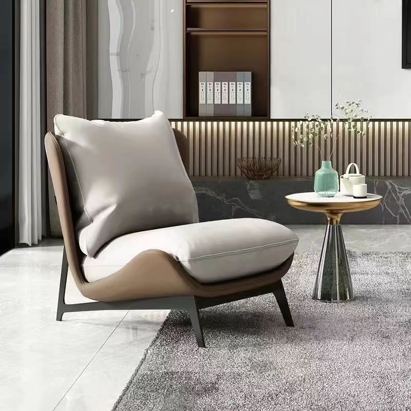 Scandinavian Leather Accent Chair With Footrest — With Footrest / White Chair & White Cushion