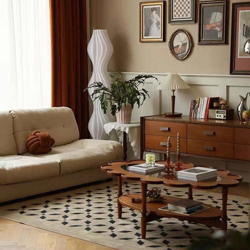Vintage Elliptical Flower Wood Glass Coffee Table