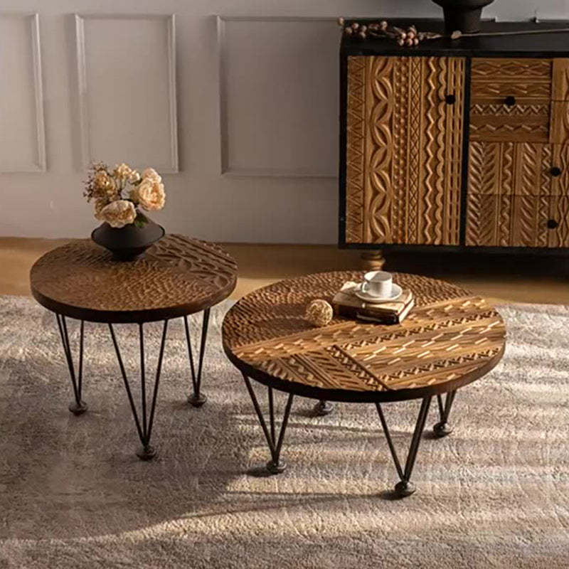 Rustic Round Solid Wood Iron Coffee Table